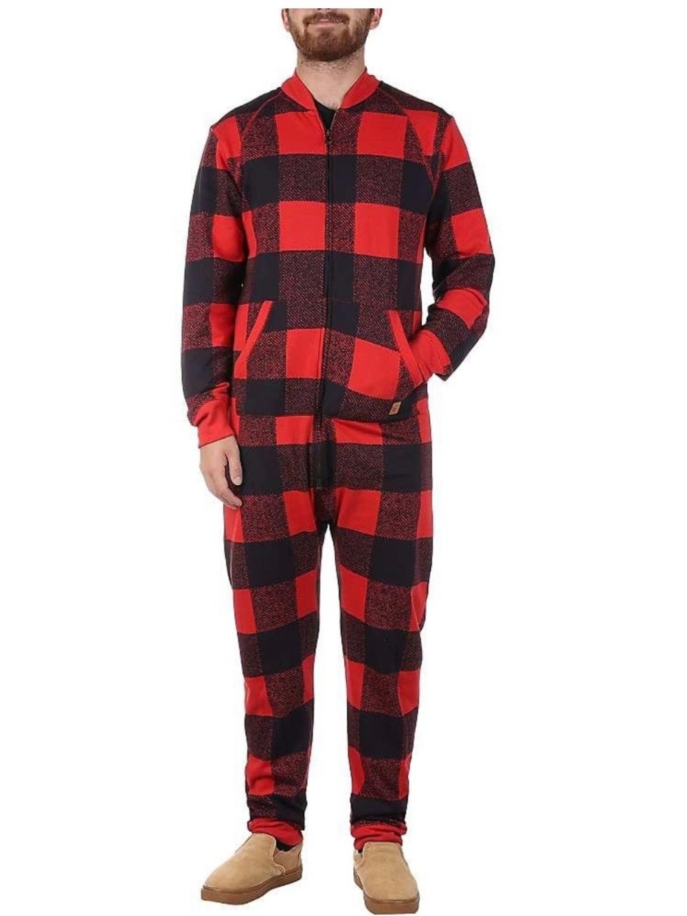MOOSEJAW UNISEX BED TO BAR ONESIE Red and Black Buffalo Plaid Zip-Up